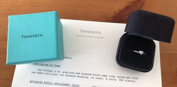 Tiffany & Co. 0.40ct E/VS2 Heart Diamond Platinum Engagement Ring Cert/Val/Boxes