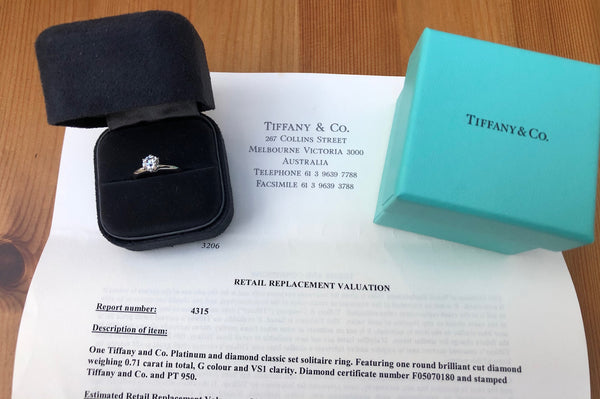 Tiffany & Co. 0.70ct G/VS1 Diamond Solitaire Engagement Ring PT950 Cert/Val/Rcpt/Boxes