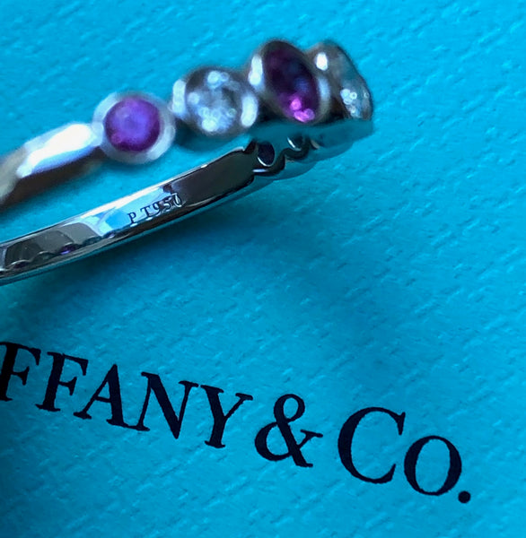 Tiffany & Co. Vintage 0.58tcw Pink Sapphire & Diamond Graduated Bezel Set Jazz Band Ring PT950 w/ Receipt