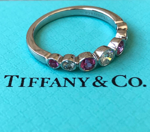 Tiffany & Co. Vintage 0.58tcw Pink Sapphire & Diamond Graduated Bezel Set Jazz Band Ring PT950 w/ Receipt