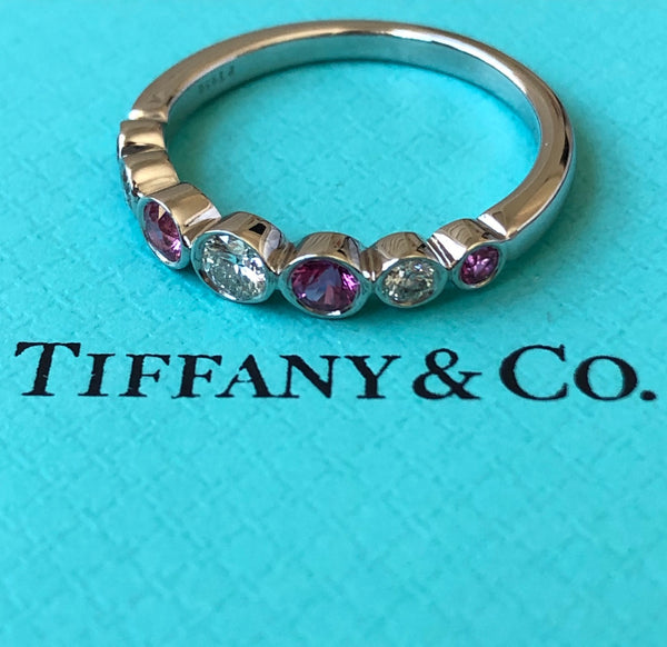 Tiffany & Co. Vintage 0.58tcw Pink Sapphire & Diamond Graduated Bezel Set Jazz Band Ring PT950 w/ Receipt