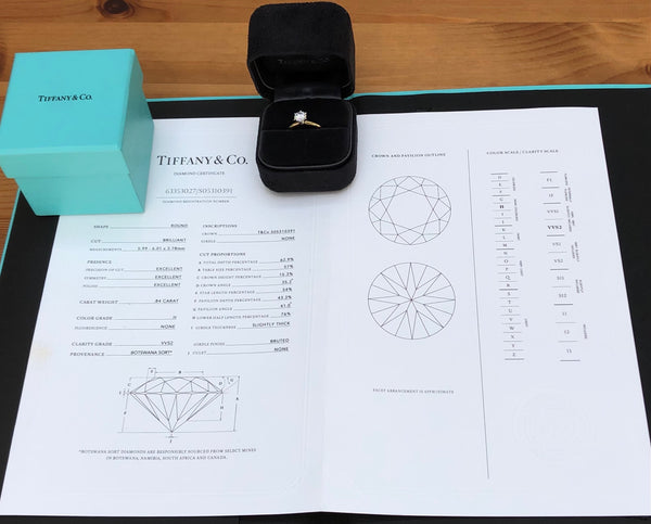 Tiffany & Co. 0.84ct H/VVS2 Diamond Round Solitaire Engagement Ring Cert/Val/Box