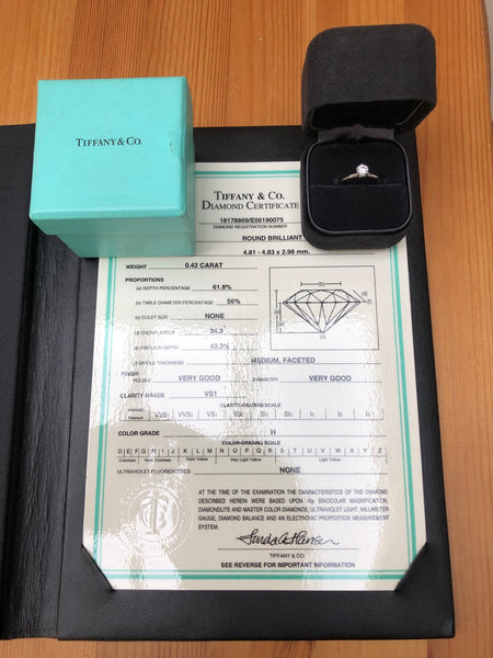 Tiffany & Co. Vintage circa 2000 0.42ct H/VS2 Diamond Round Brilliant Solitaire Ring PT950