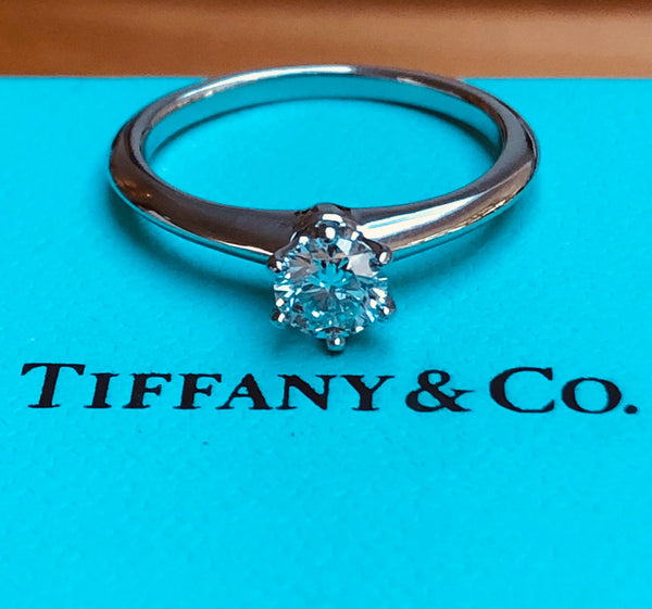 Tiffany & Co. 0.43ct F/VS2 Diamond 6 Prong Solitaire Ring PT950 Crt/Val/Box