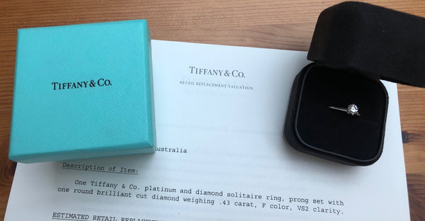 Tiffany & Co. 0.43ct F/VS2 Diamond 6 Prong Solitaire Ring PT950 Crt/Val/Box
