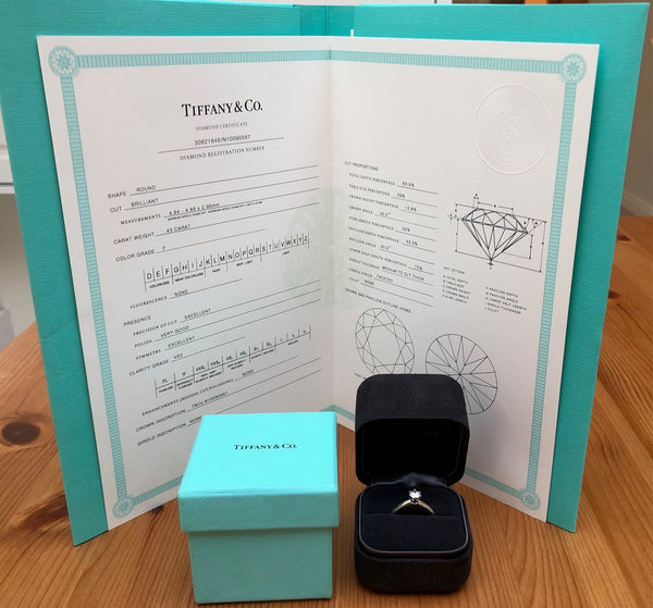 Tiffany & Co. 0.43ct F/VS2 Diamond 6 Prong Solitaire Ring PT950 Crt/Val/Box