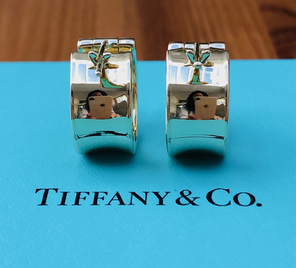 Tiffany & Co. Vintage 1837 Solid 18ct Yellow Gold Wide 9mm Hoop Earrings 13.5gms Boxes
