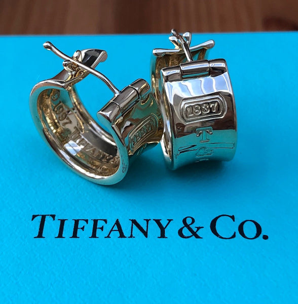 Tiffany & Co. Vintage 1837 Solid 18ct Yellow Gold Wide 9mm Hoop Earrings 13.5gms Boxes