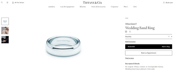 Tiffany & Co. 6mm Platinum PT950 Band Ring. 14.25gms RRP $4450