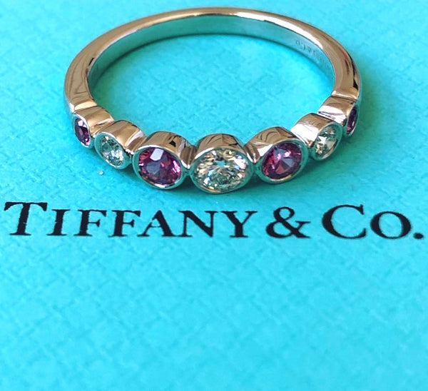 Tiffany & Co. Vintage 0.58tcw Pink Sapphire & Diamond Graduated Bezel Set Jazz Band Ring PT950 w/ Receipt