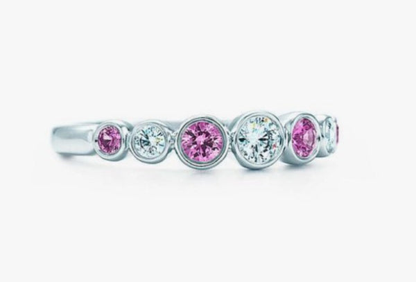Tiffany & Co. Vintage 0.58tcw Pink Sapphire & Diamond Graduated Bezel Set Jazz Band Ring PT950 w/ Receipt