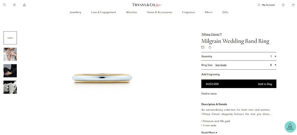 Tiffany & Co. 3mm Platinum and 18ct Yellow Gold Milgrain Band Ring Size 11.75