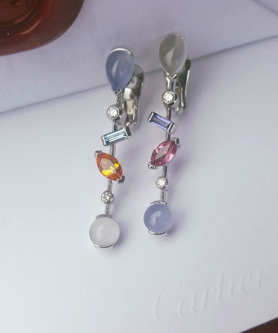 Cartier Meli Melo Diamond Multi Gem Vintage Drop Earrings Platinum Receipt Box