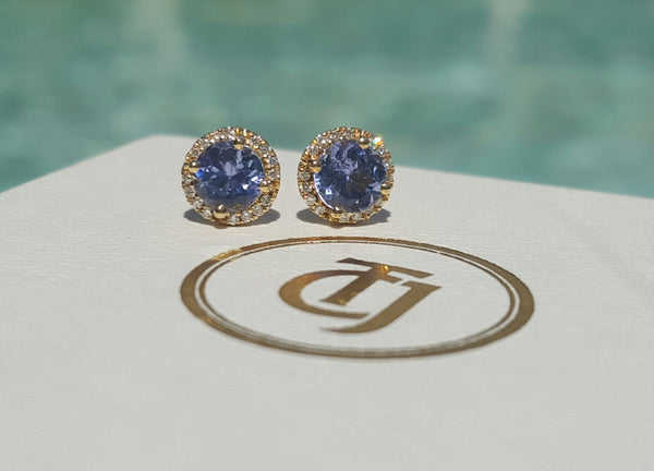 0.80tcw Tanzanite & 0.10tcw Diamond Stud 'Embrace' Earrings in 18k Yellow Gold by CTJ