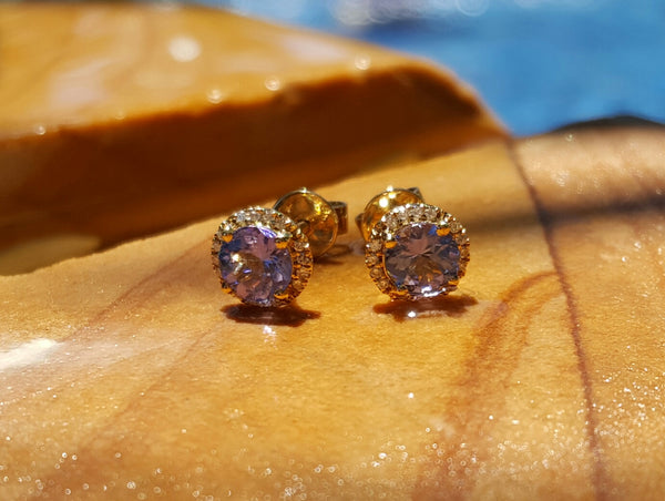 0.80tcw Tanzanite & 0.10tcw Diamond Stud 'Embrace' Earrings in 18k Yellow Gold by CTJ