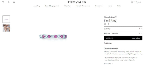 Tiffany & Co. 2.2mm Diamond and Pink Sapphire Embrace Ring Platinum Receipt/Boxes