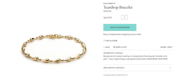 Tiffany & Co Solid 18ct Gold Elsa Peretti Tear Drop Bracelet 12.67gms