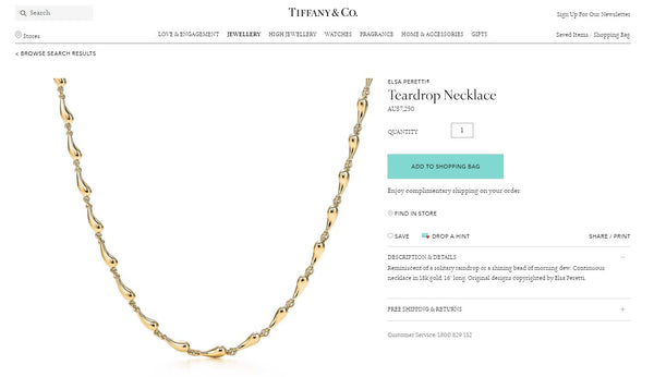 Tiffany & Co. Solid 18ct Yellow Gold Elsa Peretti Tear Drop Necklace RRP $7250