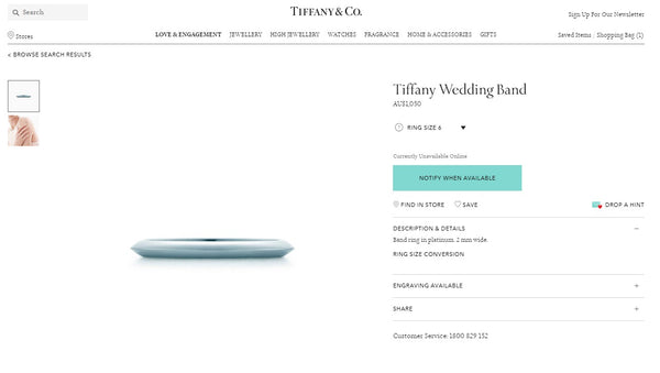 Tiffany & Co. 2mm Womens Knife Edge Platinum Wedding Band RRP $1050